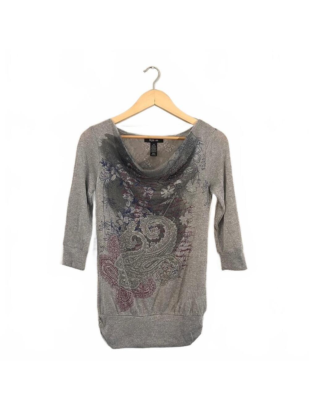 Y2K Silver Metallic Floral Paisley Cowl Neck Blouse 2000’s Tuscan